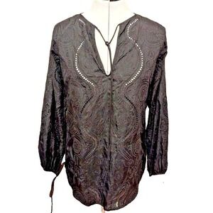 KA Women's Black Silk‎ Embroidered Tunic Sz S Boho Chic Bohemian Oversized